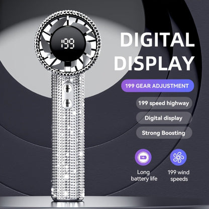 Rhinestone Handheld Fan with USB-C Charging, Digital Display, 199 Levels and Optional Beige Headset