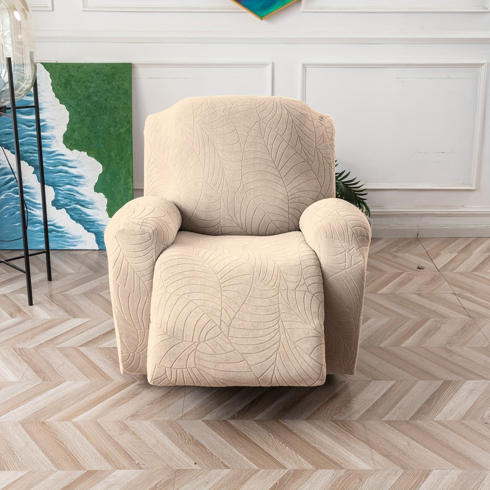 Four-Piece Recliner Chair Cover Set with Leaf Jacquard Pattern, Side Pocket and Six Color Options