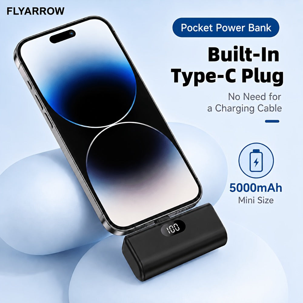Mini Power Bank 5000mAh USB-C Foldable Plug Built-in Cable 10W Fast Charge LED Display Compact Portable Charger for iPhone 15 16 17 Samsung Android – Black White Pink Purple Green (1pc/2pcs)