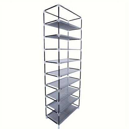 Shoe Rack with Dustproof Cover 10 Layers 9 Cubbies – Large Capacity Non-Woven Shoe Organizer for Entryway, Closet & Bedroom – Space-Saving Steel Frame Shoe Shelf, Easy Assembly