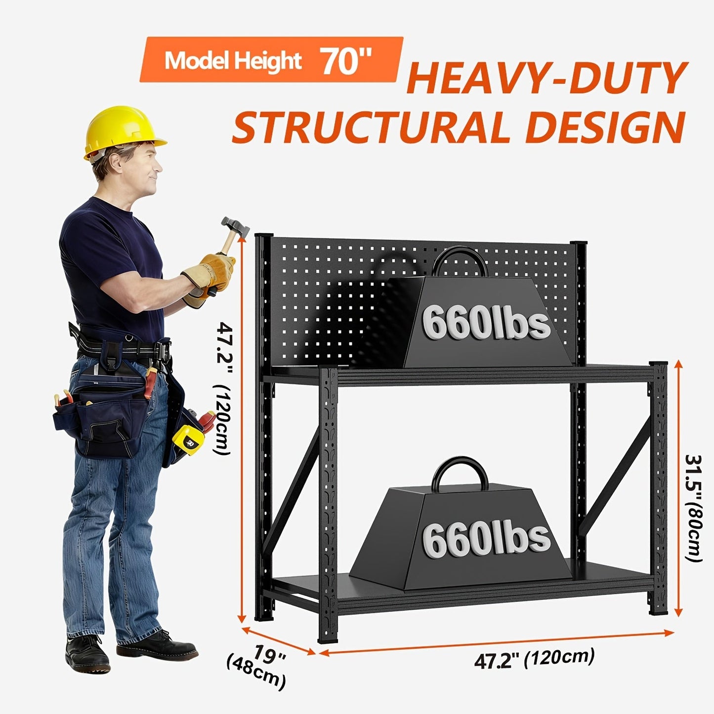 Four-Tier Metal Garage Storage Shelf with Wide Workbench Top and Lower Tool Organizer Space