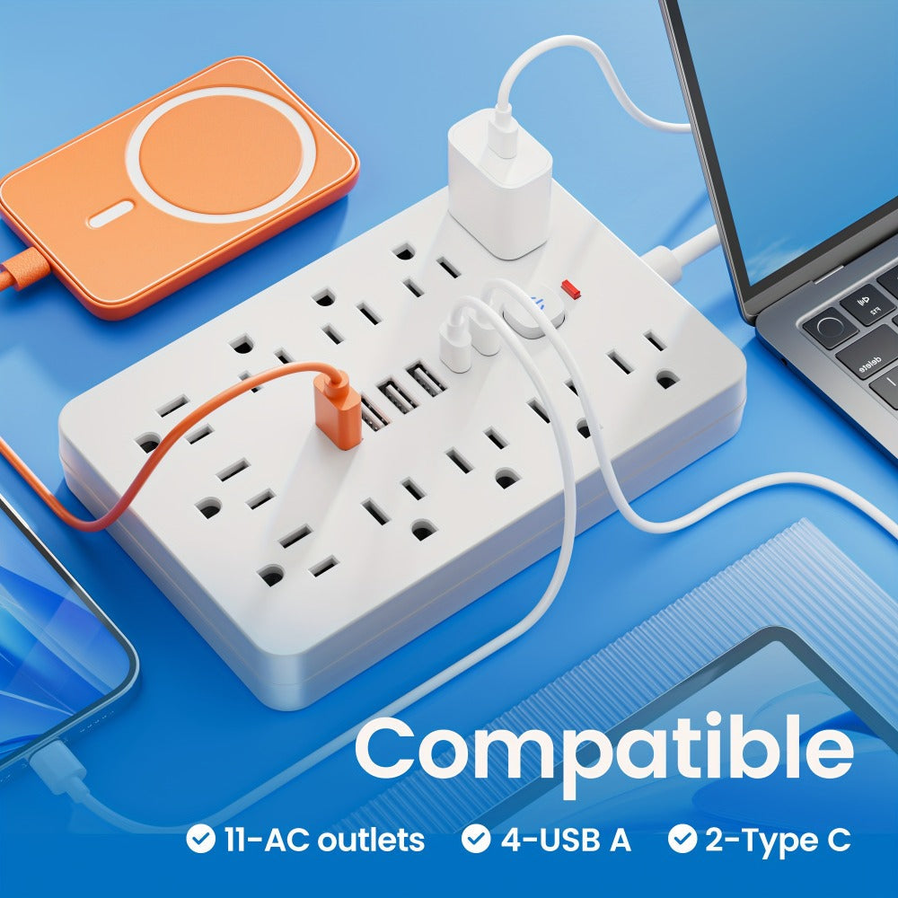 Power Strip 17-in-1 Flat-Plug Surge Protector with 11 AC Outlets, 4 USB-A, 2 USB-C and Spacious Outlet Layout