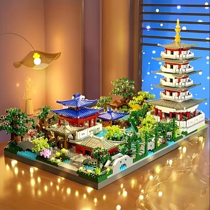 Hangzhou West Lake Architecture Building Block Model with 3,282 Pieces, Pagoda, Gardens and 11-Inch Base
