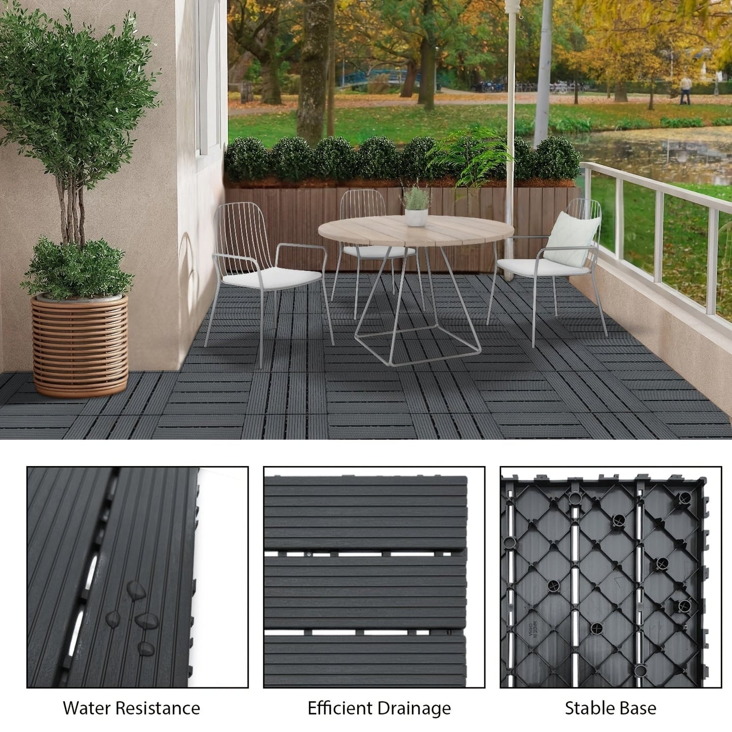Interlocking Deck Tiles 44pcs 12"x12", Waterproof Outdoor Patio Flooring Tiles, PP Plastic Interlocking Floor Tiles for Balcony Pool Backyard Terrace, Easy Install All-Weather Anti-Slip Deck Tiles Grey