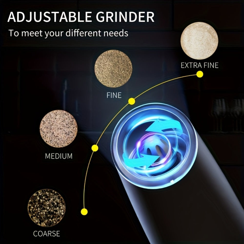 Gravity-Activated Electric Spice Grinder with LED Ring, Adjustable Grind and USB-C or Two-Piece Options