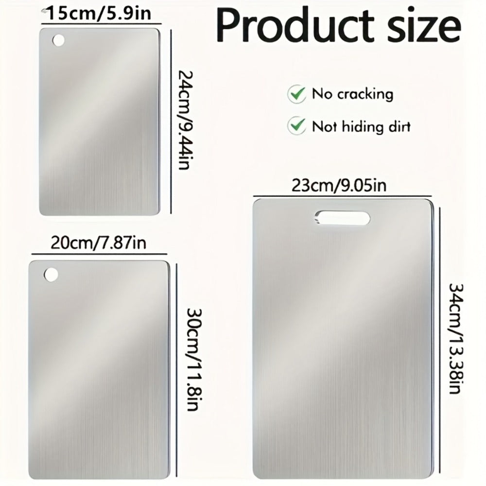 Cutting Board Three-Piece Stainless Steel Set with Rounded Corners, Carry Handles and Three Sizes