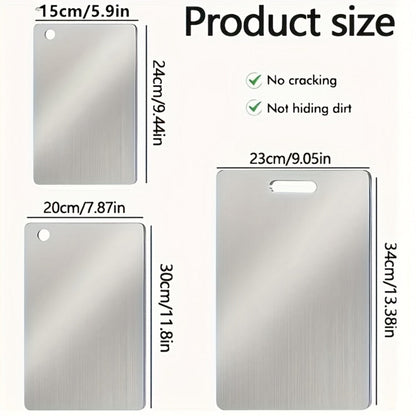 Cutting Board Three-Piece Stainless Steel Set with Rounded Corners, Carry Handles and Three Sizes