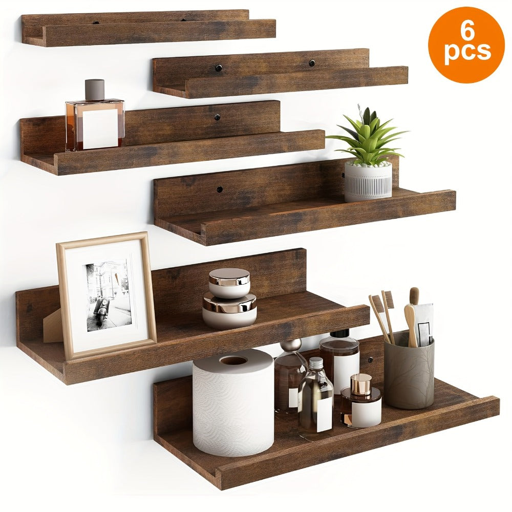 Six-Piece Wall Shelf Set in Graduated Sizes with White, Brown or Black Finish for Layered Displays