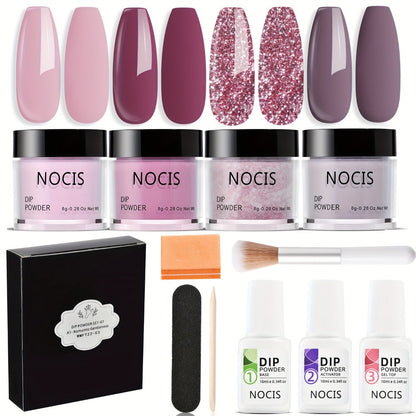 Nude Pink Glitter Dip Powder Kit 4 Colors with Base Coat Top Coat & Activator — All-in-One Beginner Starter Set for French Nail Art Salon & Home Manicure