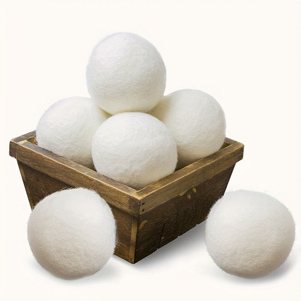 Six-Piece XL Wool Dryer Ball Set with Drawstring Storage Bag and 2.75-Inch White Felted Balls
