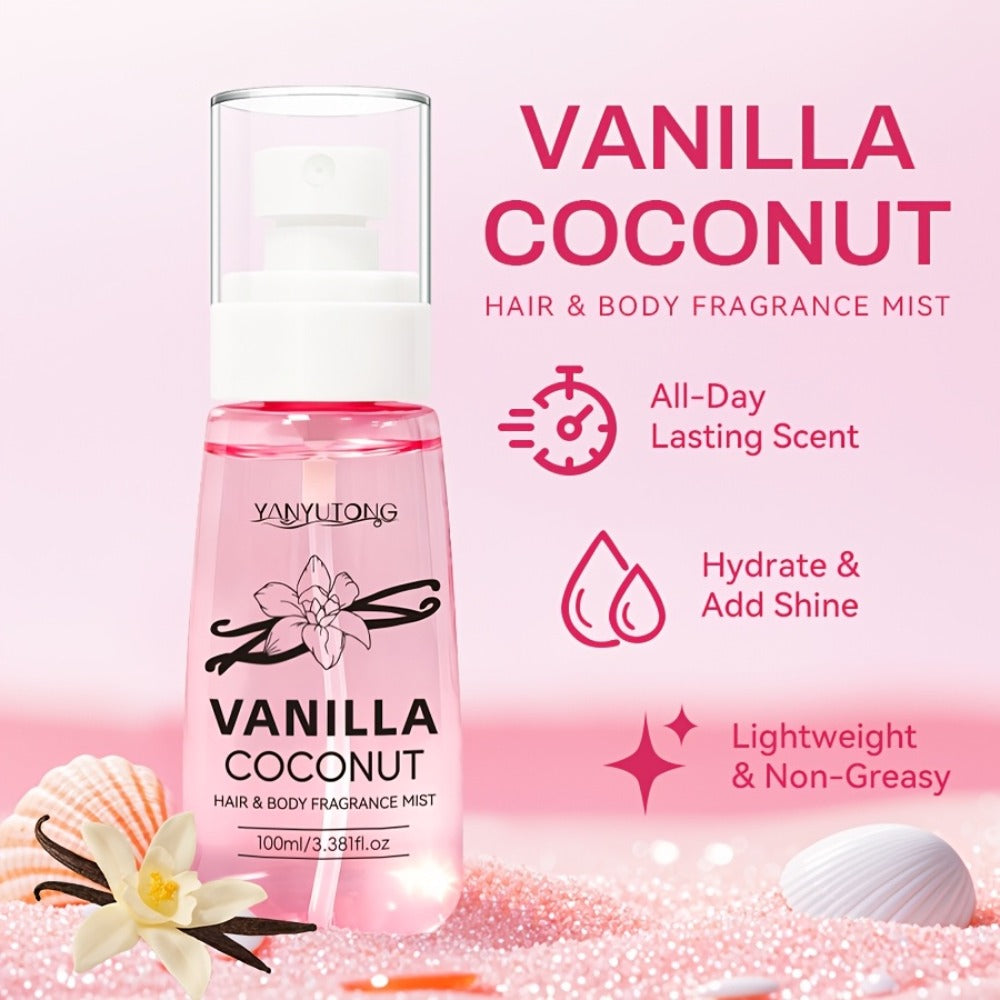 100 ml Coconut Vanilla Hair and Body Fragrance Mist with Vitamin E, Argan Oil and Glycerin