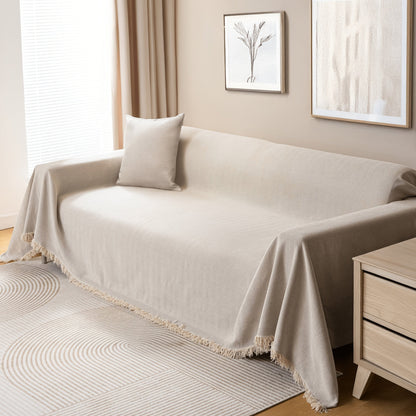 Sofa Cover Throw, Chenille Woven Fringe Slipcover in Three Colors for Three- and Four-Seat Couches