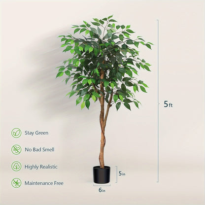 Artificial Ficus Tree Tall Fake Potted Plant Natural Wood Trunk Lifelike Silk Leaves 4FT 5FT 6FT 7FT Indoor Outdoor Living Room Bedroom Office Home Decor No Maintenance