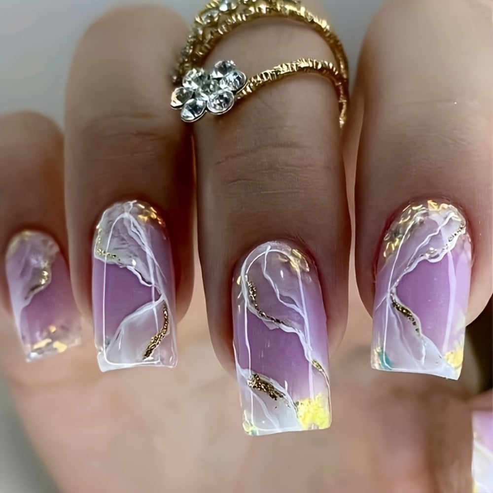 Press On Nails 216-Piece Medium Square Set with Ombre Gradient, White French-Tip and Marble Designs