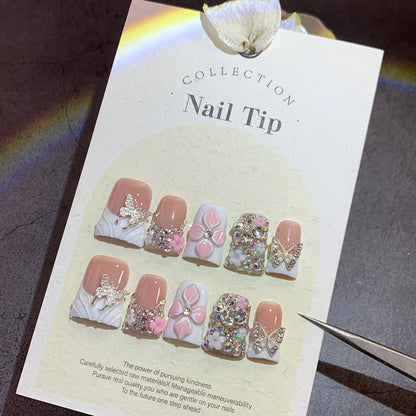 Press On Nails 10-Piece Short Duckbill Set with White French Tips, Golden Butterfly and 3D Carved Flower