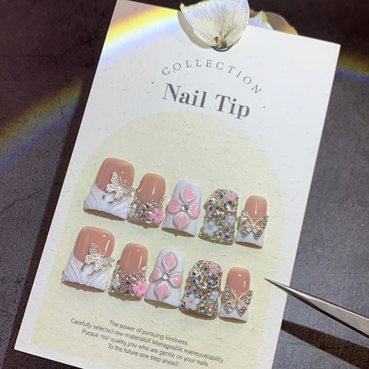 Press On Nails 10-Piece Short Duckbill Set with White French Tips, Golden Butterfly and 3D Carved Flower