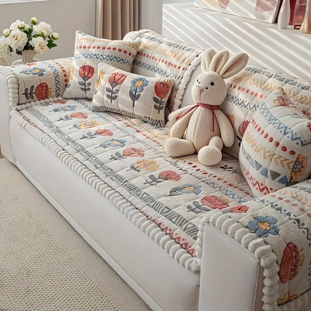 Sofa Cover 450 GSM Milk Velvet Bohemian Floral Print Panels for 2, 3 or 4 Seats and Pillowcase Options