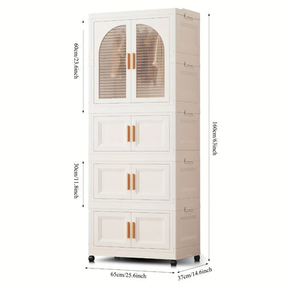 Portable Folding Wardrobe Cabinet with Caster Wheels, Hanging Section and Two Exact Layer Options