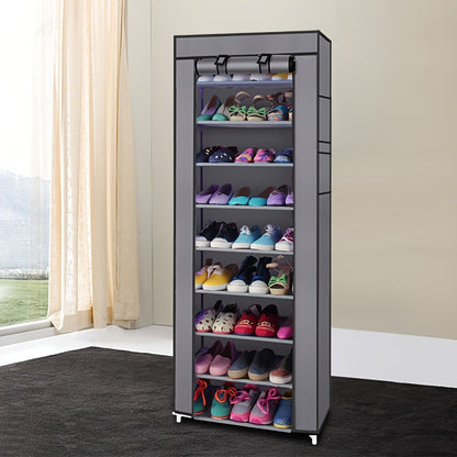 Shoe Rack with Dustproof Cover 10 Layers 9 Cubbies – Large Capacity Non-Woven Shoe Organizer for Entryway, Closet & Bedroom – Space-Saving Steel Frame Shoe Shelf, Easy Assembly
