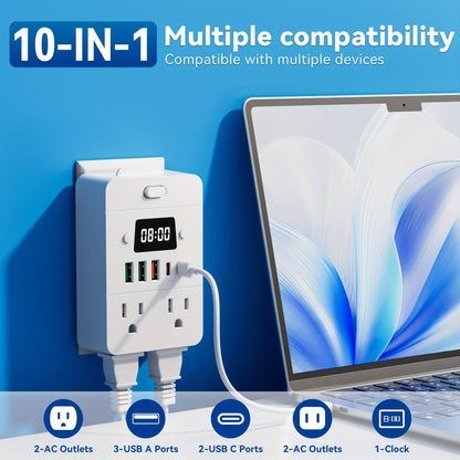 Power Strip 9-in-1 Desktop Station with LED Lamp, Digital Clock, 4 AC Outlets, 3 USB-A and 2 USB-C Ports
