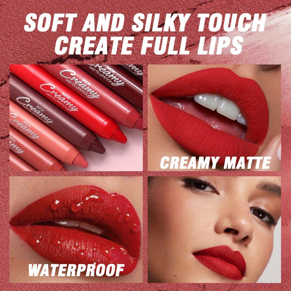 Waterproof Matte Lipstick Pen Set 6PCS with Lip Liner – Long-Lasting Non-Transfer Crayon Formula, Velvety Matte Finish in Nude & Red Shades, Contour Lip Tint Makeup for Women All Skin Tones