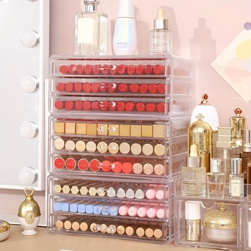 Clear Acrylic Makeup Organizer 5-Tier with Drawers Dustproof Cosmetic Storage for Lipstick Foundation Brushes Skincare — No Installation Vanity Bathroom Office Desk