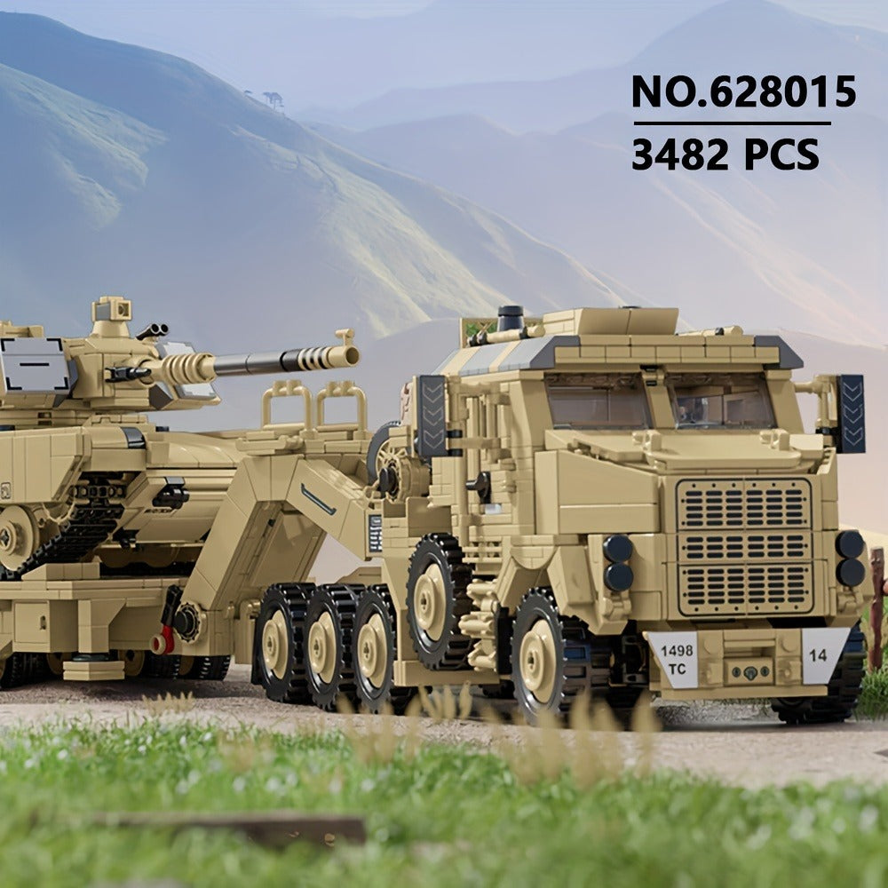 3482-Piece Tank Hauler Building Block Model with Tractor, Long Trailer, Tracked Vehicle and 628015 Code