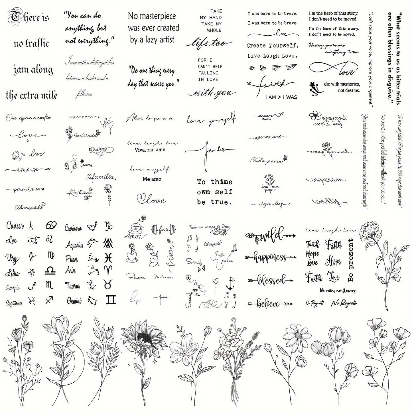 Temporary Tattoos, 30-Sheet Floral and Letter Set with Black Linework Designs for Face, Neck, Arm and Wrist