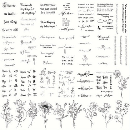 Temporary Tattoos, 30-Sheet Floral and Letter Set with Black Linework Designs for Face, Neck, Arm and Wrist