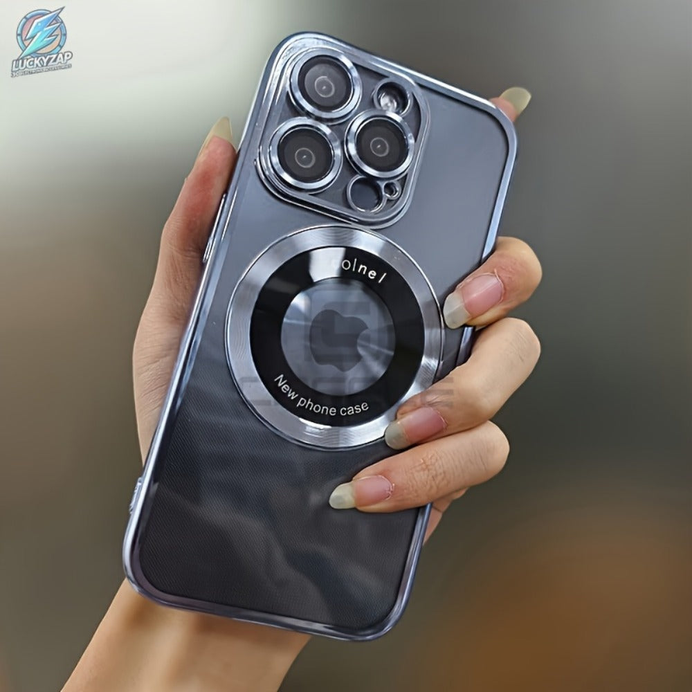 Electroplated Transparent iPhone Case with Hollow Logo Display Built-In Lens Film Magnetic Wireless Charging Shockproof TPU Cover for iPhone 17 16 15 14 13 12 11 Air Pro Max Plus – Luxury Metallic Finish