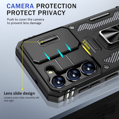 Samsung Galaxy Shockproof Magnetic Phone Case with 360° Rotating Ring Bracket & Sliding Lens Protector – Heavy Duty Cover for S24FE S23FE S22 S21FE Ultra A55 A54 A35 A34 A25 A24 A16 A15 A14 A06 A05 A05S 5G