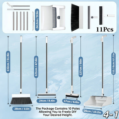 Foldable Broom and Dustpan Set with Long Handle 2-in-1 3-in-1 4-in-1 Floor Brush Combo for Home Office Dorm Room Indoor Outdoor Cleaning