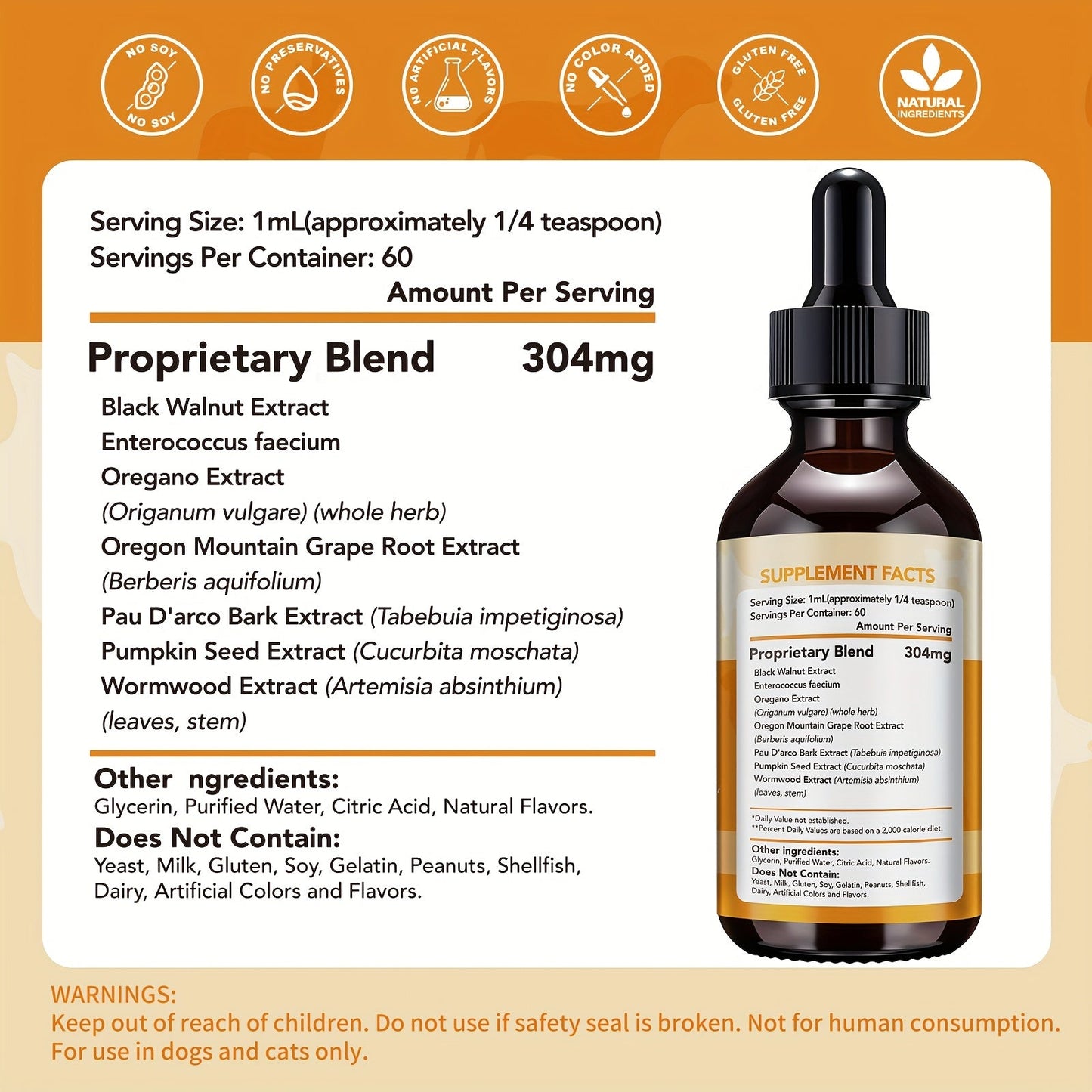 Pet Gut Wellness Drops with Black Walnut & Pumpkin Seed - Digestive Supplement for Dogs & Cats, Flora Balance, Intestinal Cleanliness & Overall Vitality, Natural Formula, 2 fl oz