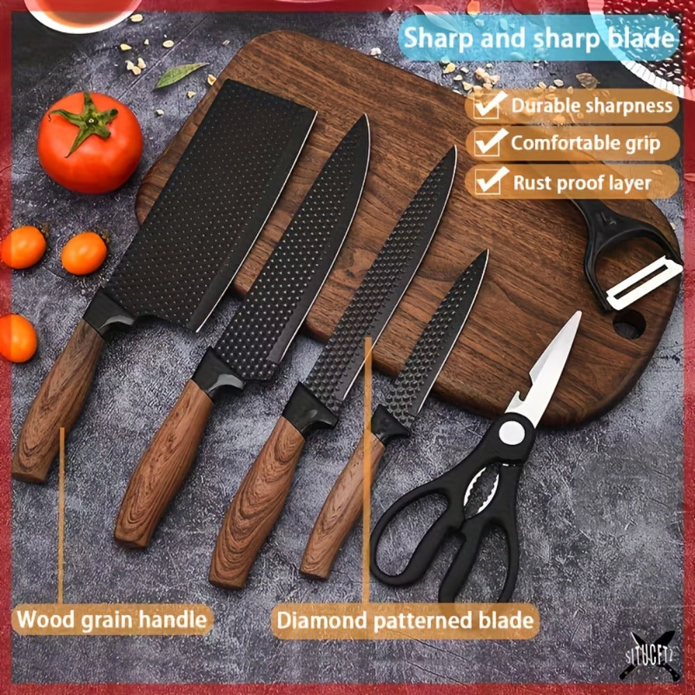 6-Piece Kitchen Knife Set – Chef's Knife, Slicing Knife, Scraper & Scissors | High Carbon Stainless Steel, Ergonomic Wooden Handle, Gift Box