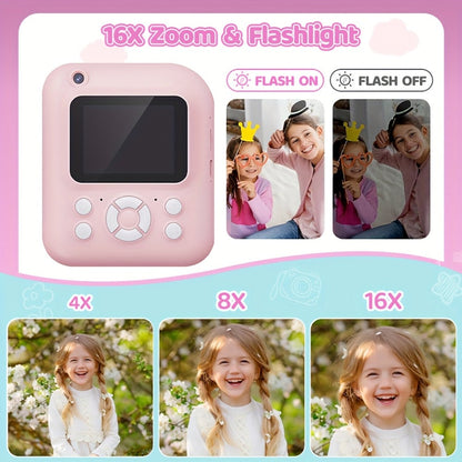 Kids Instant Print Digital Camera 1080P with 2.4" Screen, 3 Rolls Print Paper & 32GB Card – Cute Photo Camera Gift for Girls & Boys Ages 3-12, Pink / Blue