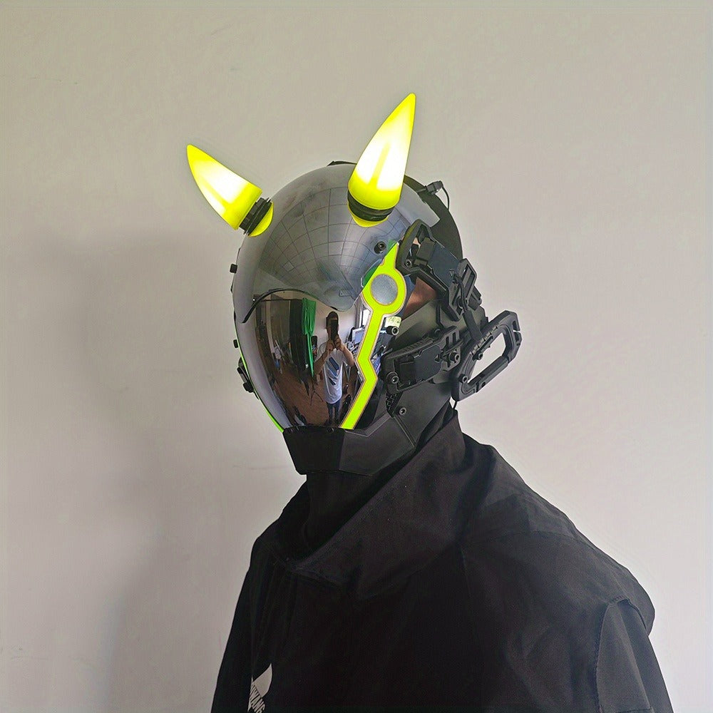 Pink LED Cyberpunk Costume Mask with Horned Full-Face Helmet, Reflective Visor and Lighted Accent Lines