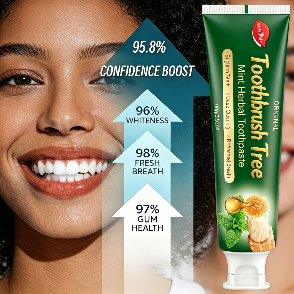 Three-Pack 100g Mint Toothpaste with Flip-Cap Tubes, Cartons and Toothbrush Tree Label Design
