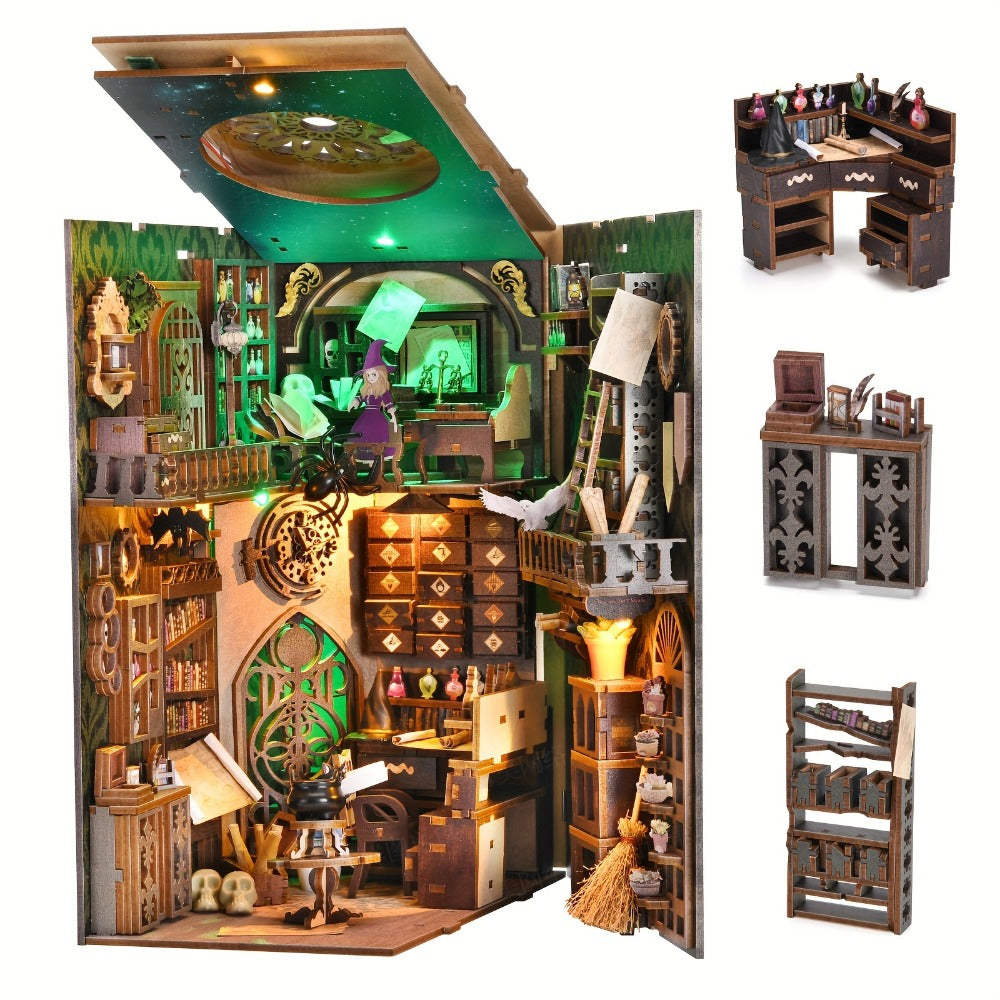 Master’s House Book Nook Kit with 319-Piece Potion Workshop Scene, Yellow and Green Lights and Touch Sensor