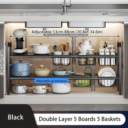 Expandable Two-Tier Under-Sink Organizer with Five Panels, Five Baskets and Exact Black Configuration