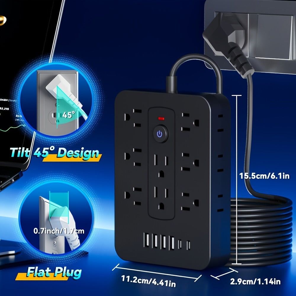 Compact Flat Plug Power Strip 20-in-1, 14 AC Outlets & 6 USB Ports (4 USB-A + 2 USB-C), Lightning Surge Protection