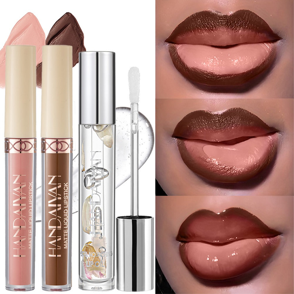 Three-Tube Lip Makeup Set with Clear Silver-Cap Tube and Coordinated Color Pair in Set A, B or C
