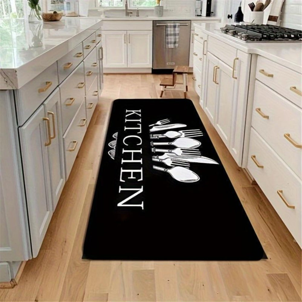 Kitchen Mat Set, 3-Piece Black Alphabet, Knife and Fork Pattern Rugs with Printed Wash-Care Instructions