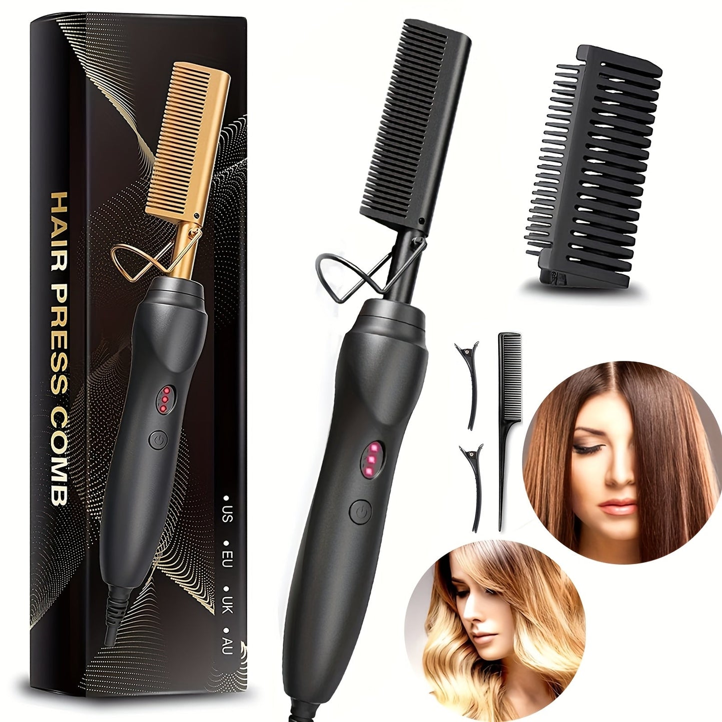 Hot Comb Hair Straightener Electric Ceramic – Portable Anti-Burn Press Comb for Natural Hair & Beard Straightening – Pink, Gold, Black, Gradient, Avocado Green