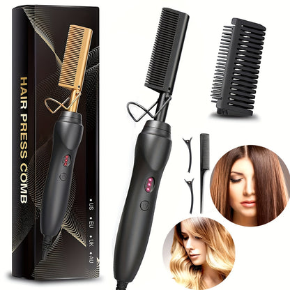Hot Comb Hair Straightener Electric Ceramic – Portable Anti-Burn Press Comb for Natural Hair & Beard Straightening – Pink, Gold, Black, Gradient, Avocado Green