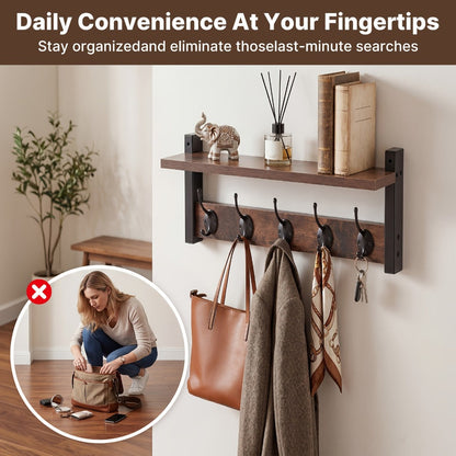 Wall Mounted Coat Hook Shelf with 5 Hooks - Wooden Floating Shelf & Key Rack Organizer for Entryway, Bedroom, Bathroom, Kitchen & Living Room - Rustic Vintage Style