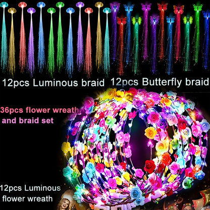 Light Up Flower Crown Headbands 36 Pack Bulk LED Fiber Optic Floral Tiara Glow Party Favors for Women Girls Wedding Birthday Halloween Mardi Gras Bachelorette Cosplay Festival Beach Accessories