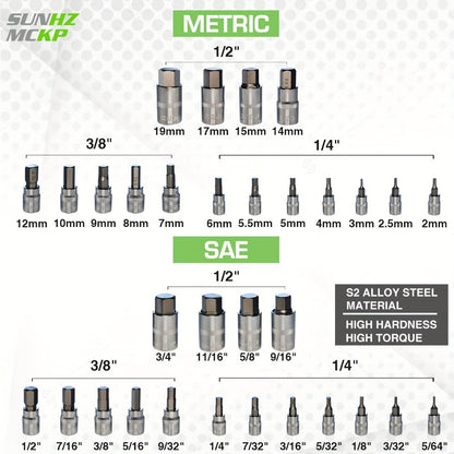 Allen Hex Bit Socket Set 32-Piece - 1/4" 3/8" 1/2" Drive SAE & Metric S2 Steel Hex Key Sockets with Organized Storage Case for Home Improvement DIY Auto Repair