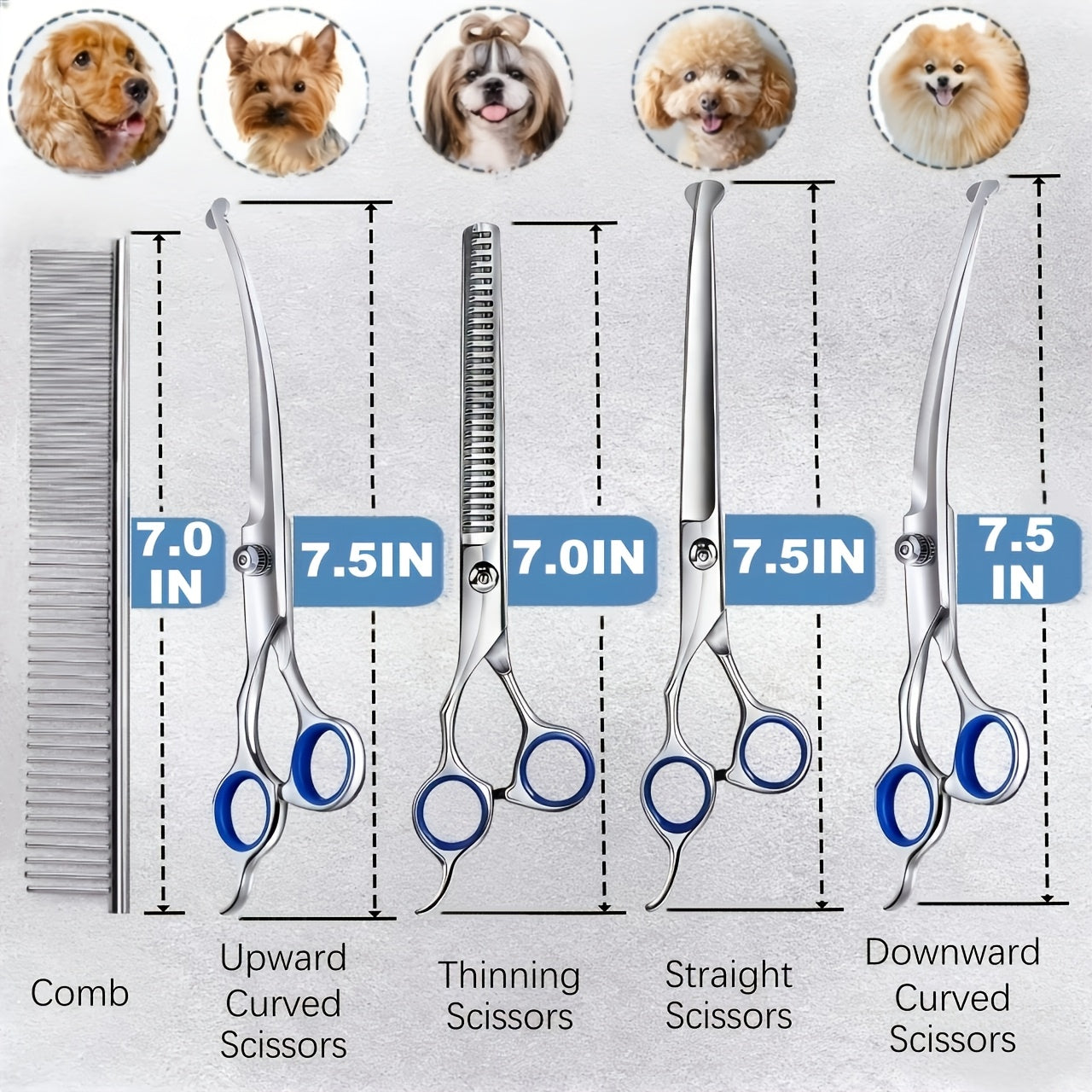 Pet Grooming Scissors Set, Seven-Piece 4CR Stainless Steel Kit with Straight, Curved and Thinning Shears
