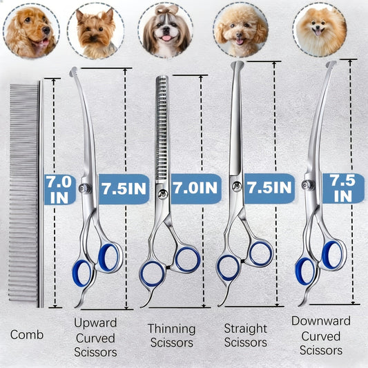 Pet Grooming Scissors Set, Seven-Piece 4CR Stainless Steel Kit with Straight, Curved and Thinning Shears