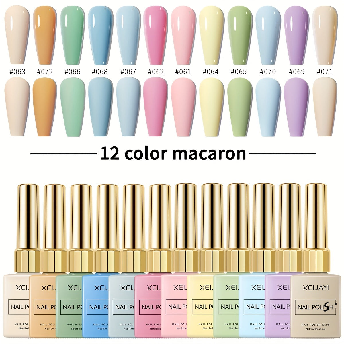 Gel Nail Polish Set with XEIJAYI Label, 12 Candy Macaroon Gel Colors in 0.51oz Square Bottles